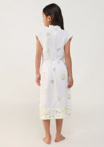 Kids Mema Shawl Printed Collar Linen Dress- White