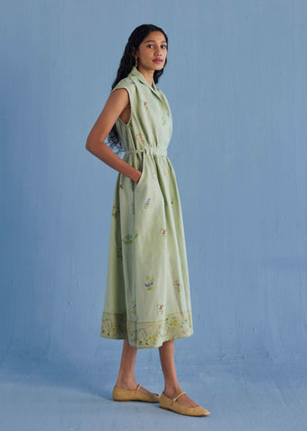 Mema Shawl Collar Printed Linen Dress - Mint