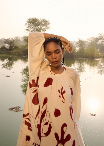A Model Wearing Multicolor,Pure Cotton Emu Dress curated by Only Ethikal