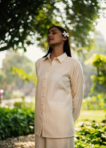 A Model Wearing White Wool White Mahoniacoord Set , curated by Only Ethikal