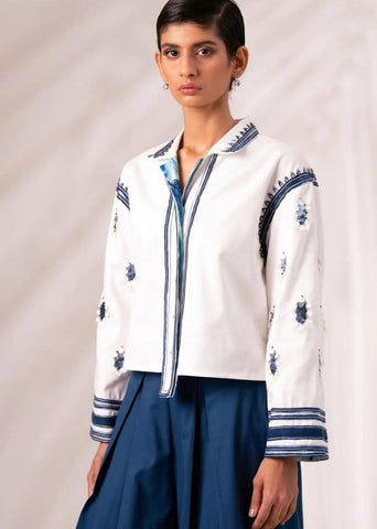 A Model Wearing Multicolor Cotton Twill Cosmo Top + Indigo Rico Pleated Culottes Co-Ord Set, curated by Only Ethikal