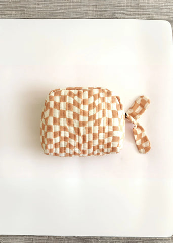 Sustainable Quilted Cotton Travel Pouch- Peach & White Organizer