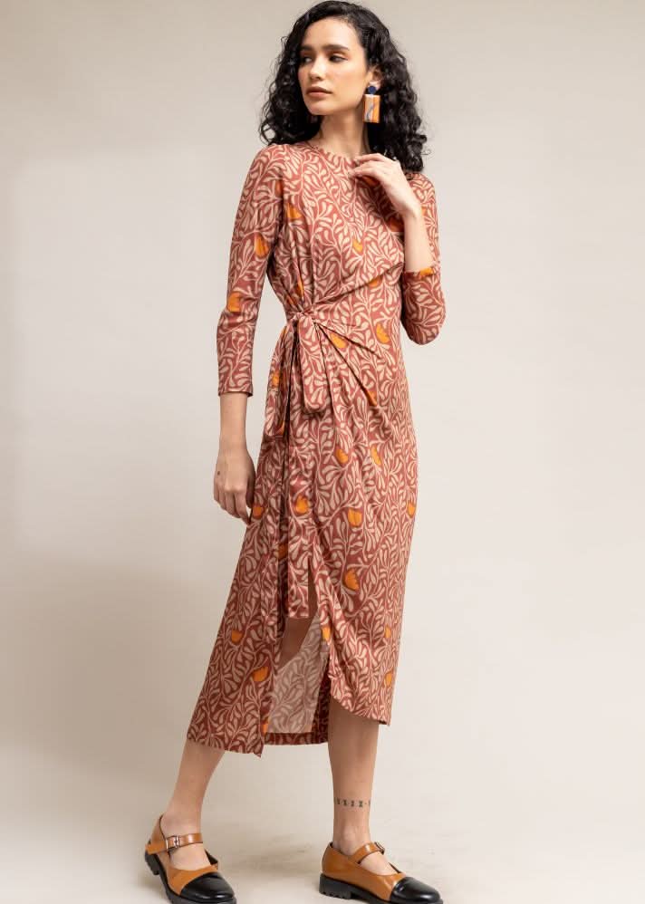 A Model Wearing Brown Upcycled Cotton  Felicia Slit Dress, curated by Only Ethikal