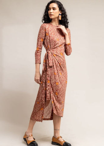A Model Wearing Brown Upcycled Cotton  Felicia Slit Dress, curated by Only Ethikal
