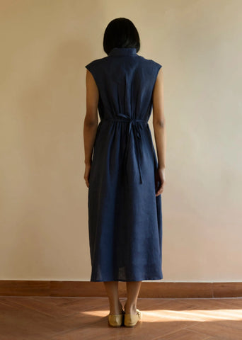 Kara Shawl Collar Linen Dress- Navy