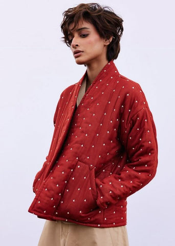 A Model Wearing Red Pure Cotton Amber Jacket Red curated by Only Ethikal
