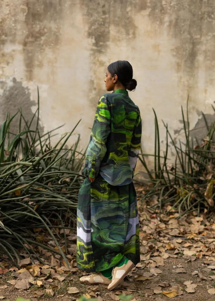 A Model Wearing Multicolor Upcycled Cotton Earo Green Shirt, curated by Only Ethikal