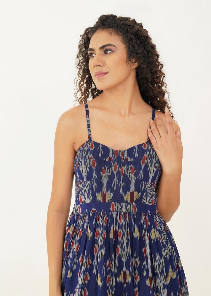 A Model Wearing Blue Handwoven Cotton Paisley Dress , curated by Only Ethikal