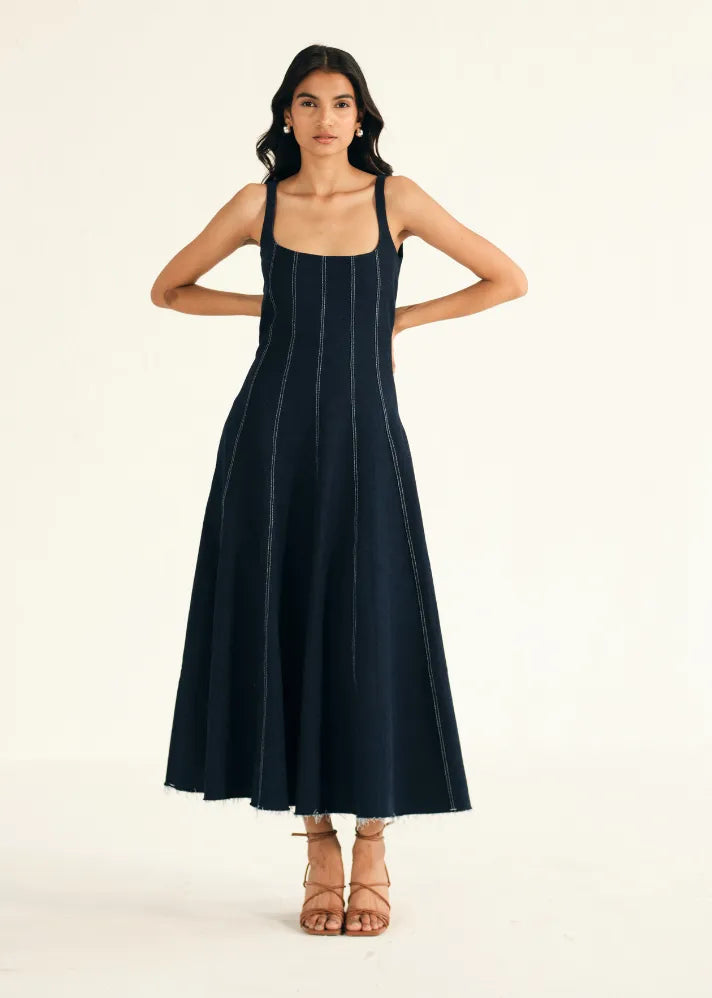 A Model Wearing Blue Denim Blue Denim Midi Dress, curated by Only Ethikal