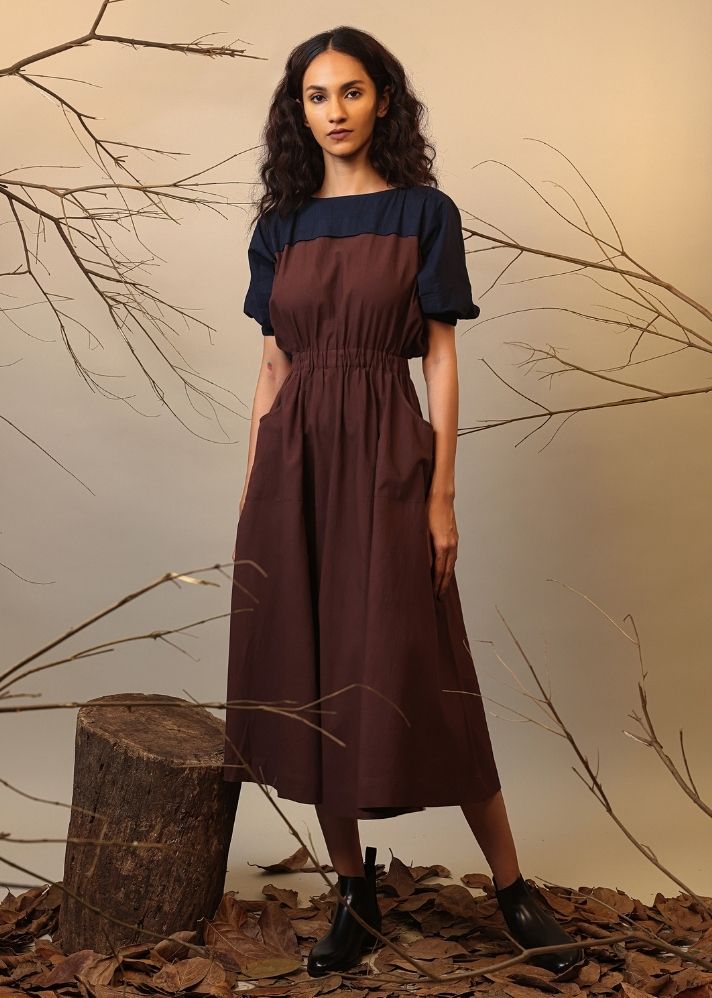 A Model Wearing Brown & Blue, Blue & Brown, Beige & Blue, Green & Brown Pure Cotton Roots Sphara Dress, curated by Only Ethikal