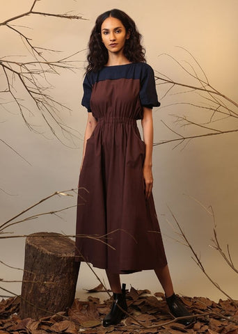 A Model Wearing Brown & Blue, Blue & Brown, Beige & Blue, Green & Brown Pure Cotton Roots Sphara Dress, curated by Only Ethikal