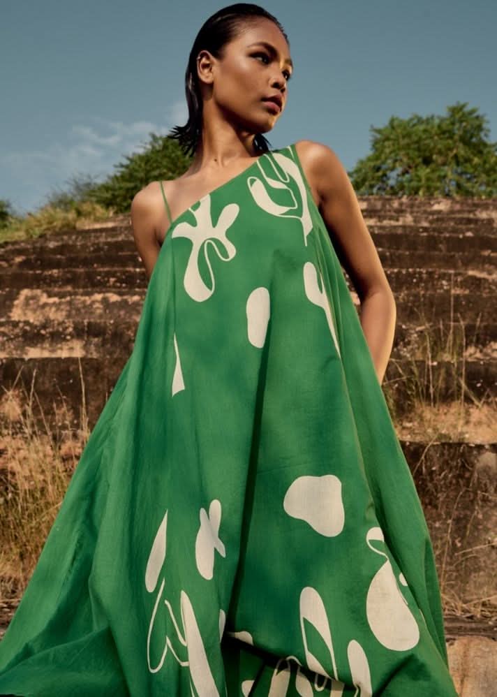 A Model Wearing Red Pure Cotton Eider Dress curated by Only Ethikal