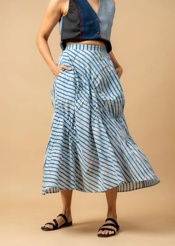 A Model Wearing Blue Cotton Lizzy Batik Stripes Skirt, curated by Only Ethikal