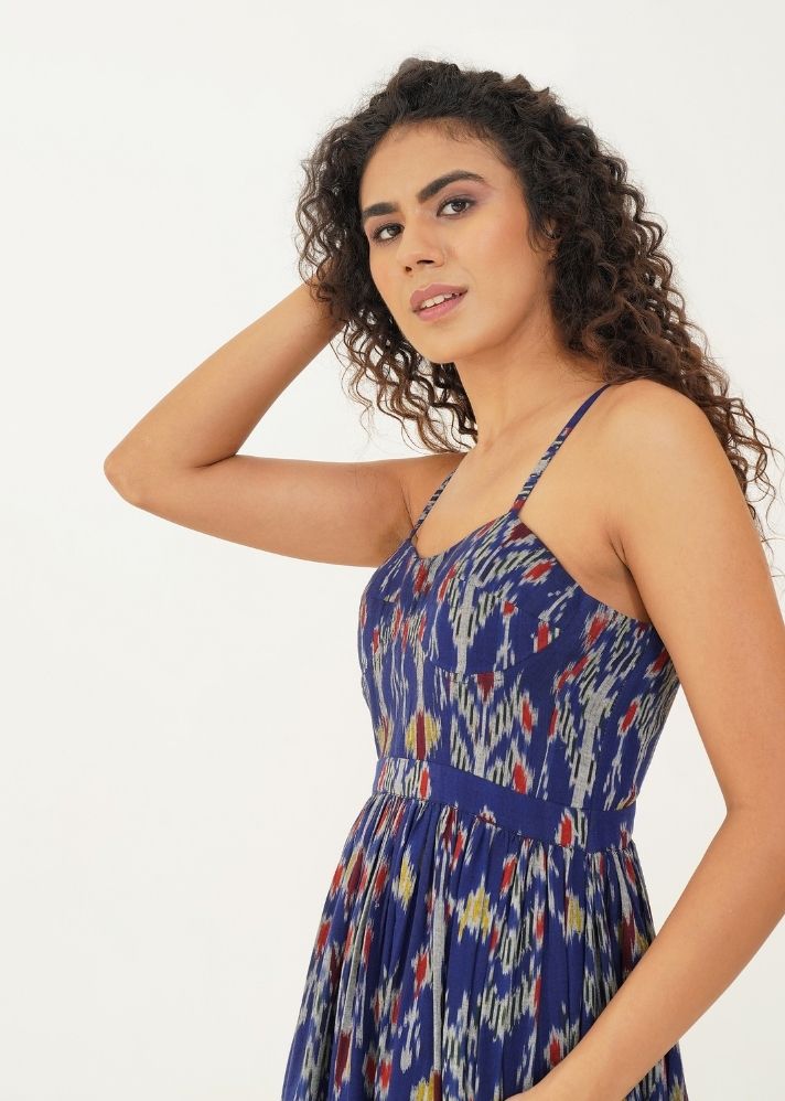 A Model Wearing Blue Handwoven Cotton Paisley Dress , curated by Only Ethikal