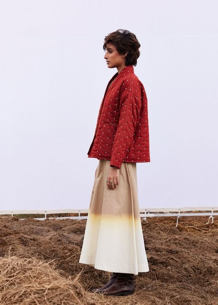 A Model Wearing Red Pure Cotton Amber Jacket Red curated by Only Ethikal