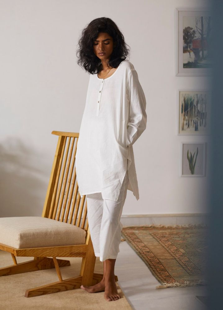 A Model Wearing White Cotton Khadi Morning Light Co-ord Set,curated by Only Ethikal