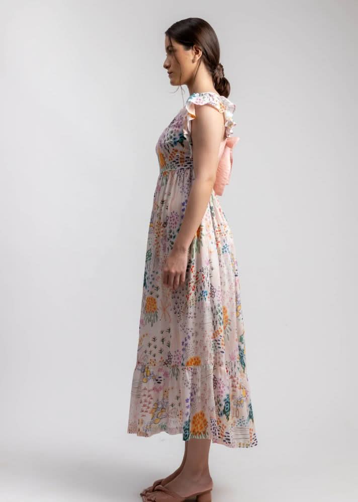 A Model Wearing Multicolor Upcycled Cotton Lily Printed Dress, curated by Only Ethikal