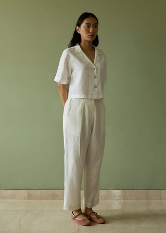 Kiera Cuban Collar Linen Co-Ord Set- Ivory