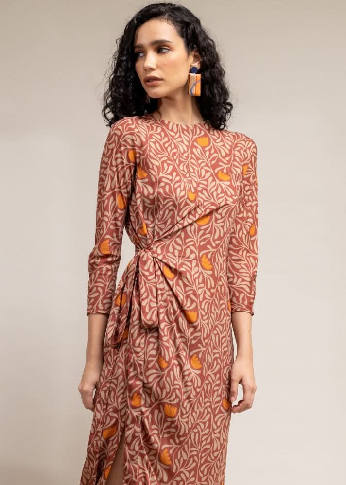 A Model Wearing Brown Upcycled Cotton  Felicia Slit Dress, curated by Only Ethikal