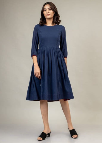 A Model Wearing Blue Upcycled Cotton Luna Blue Dress, curated by Only Ethikal