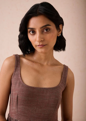 A Model Wearing Brown Handwoven Cotton Hazel Sun Handspun Handwoven Organic Cotton Pleated Mini Dress, curated by Only Ethikal