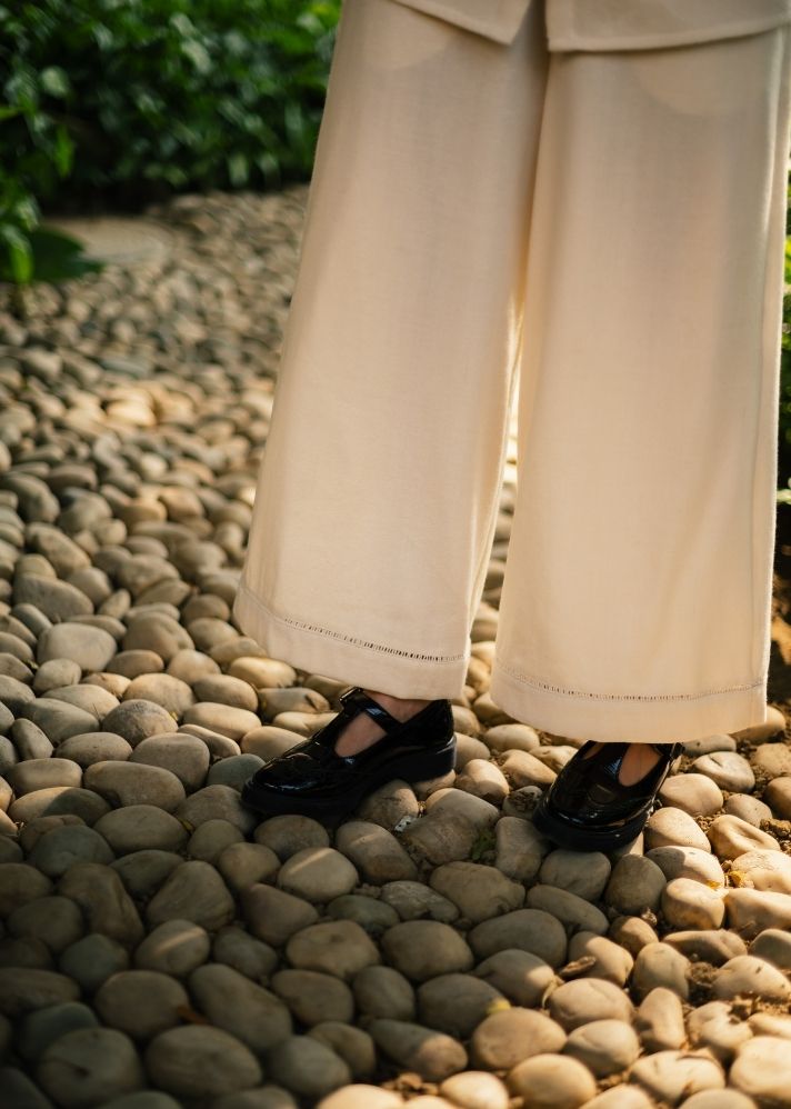 A Model Wearing White Wool White Mahoniacoord Set , curated by Only Ethikal