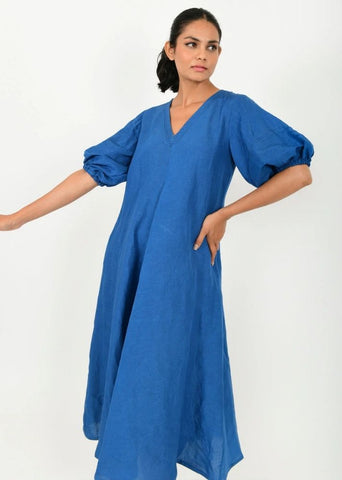 Classic Blue Cotton Dress With Puffed Sleeves