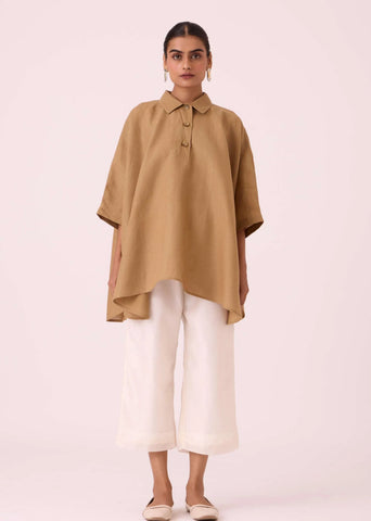 A Model Wearing Brown Linen Liberty Tan Linen Cape Top, curated by Only Ethikal
