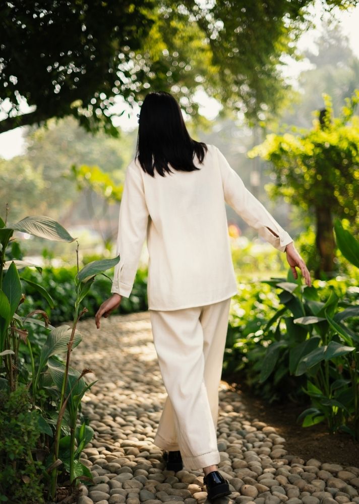 A Model Wearing White Wool White Mahoniacoord Set , curated by Only Ethikal
