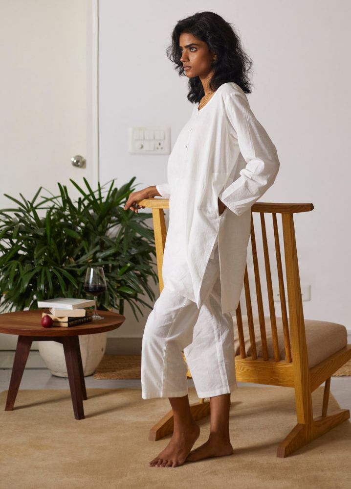 A Model Wearing White Cotton Khadi Morning Light Co-ord Set,curated by Only Ethikal