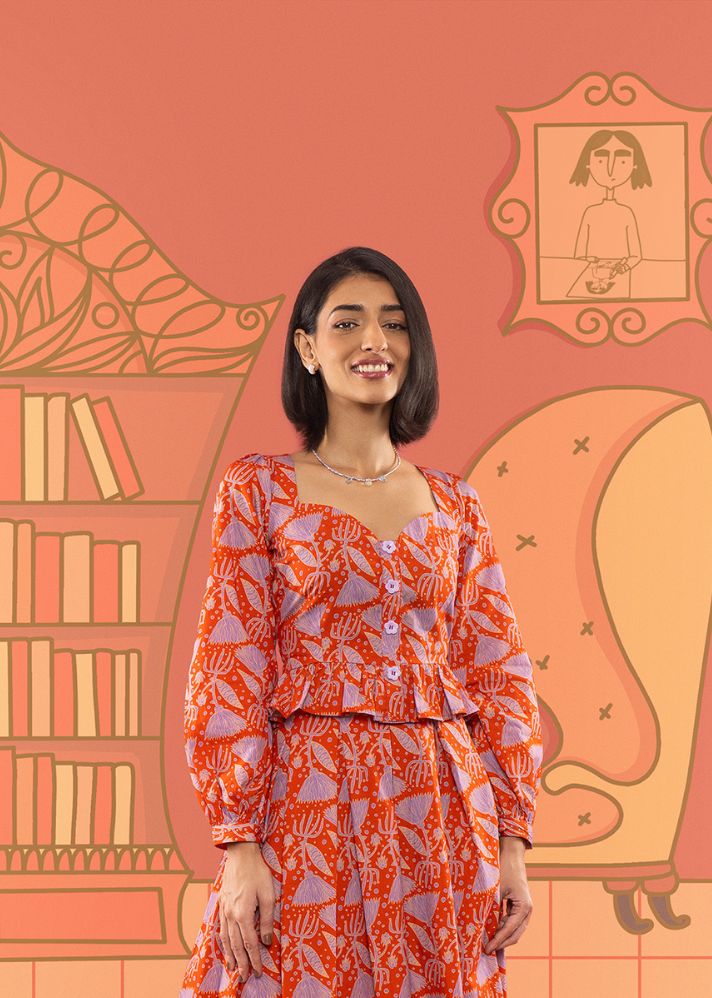 A Model Wearing Red Cotton Wanda Blouse, curated by Only Ethikal
