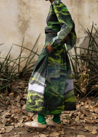 A Model Wearing Multicolor Upcycled Cotton Judy Printed Skirt, curated by Only Ethikal
