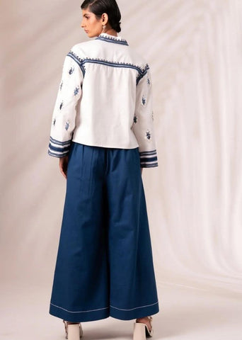 A Model Wearing Multicolor Cotton Twill Cosmo Top + Indigo Rico Pleated Culottes Co-Ord Set, curated by Only Ethikal