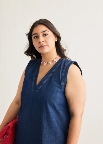 A Model Wearing Blue Cotton Denim Deep Blue Sustainable Denim Dress, curated by Only Ethikal