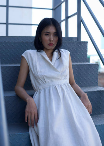 Kara Shawl Collar Linen Dress- Ivory