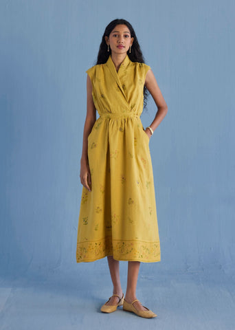 Mema Shawl Collar Printed Linen Dress - Ochre