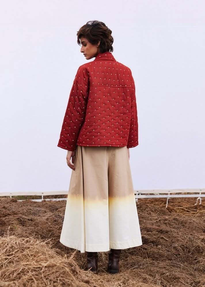 A Model Wearing Red Pure Cotton Amber Jacket Red curated by Only Ethikal