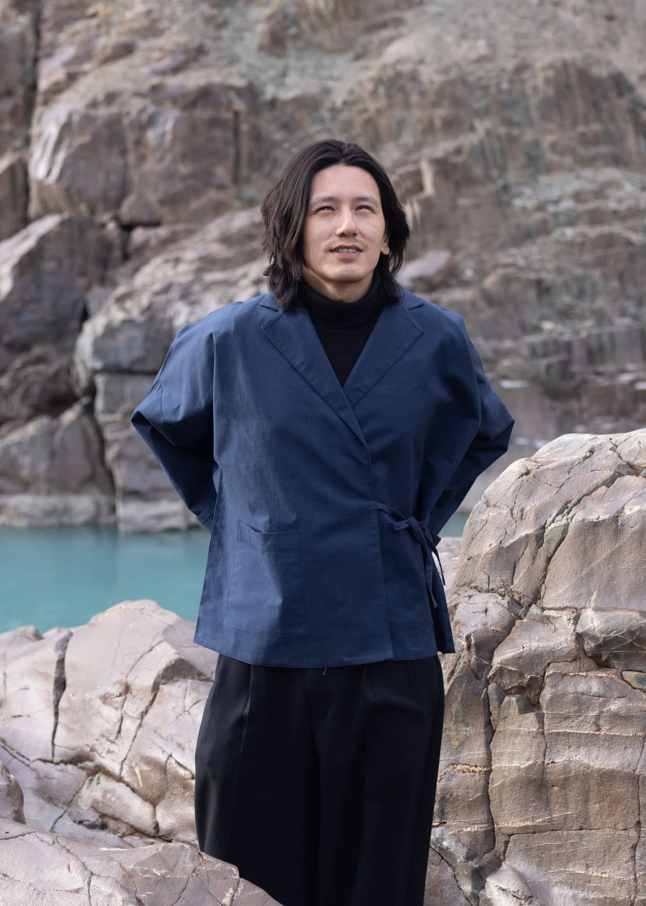 A Model Wearing Blue Cotton Linen Blue Cotton Linen Dawa Collared Slip-On, curated by Only Ethikal