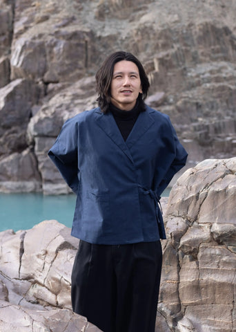 A Model Wearing Blue Cotton Linen Blue Cotton Linen Dawa Collared Slip-On, curated by Only Ethikal