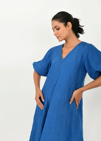 Classic Blue Cotton Dress With Puffed Sleeves