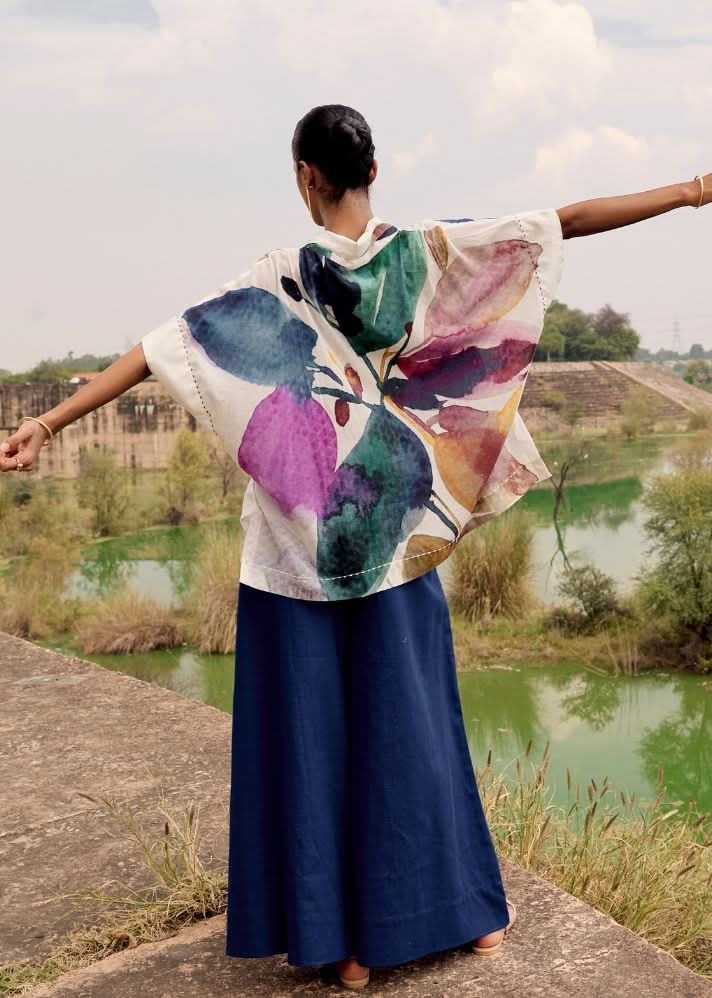 A Model Wearing Blue Pure Cotton Teal Tint Trouser curated by Only Ethikal