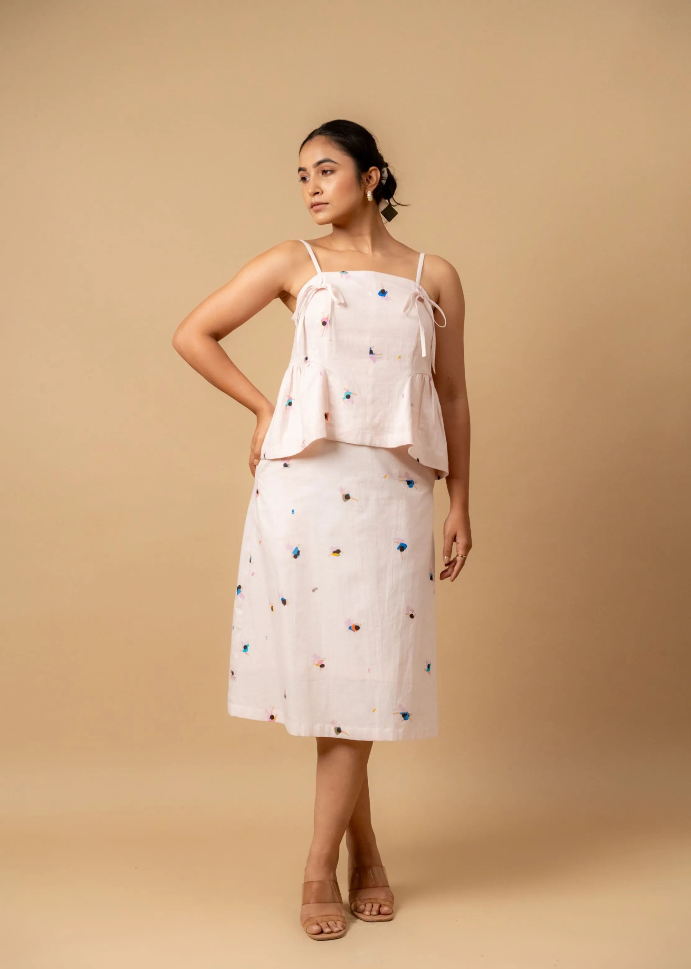 A Model Wearing Pink Linen Sunhat Spell Printed Top, curated by Only Ethikal