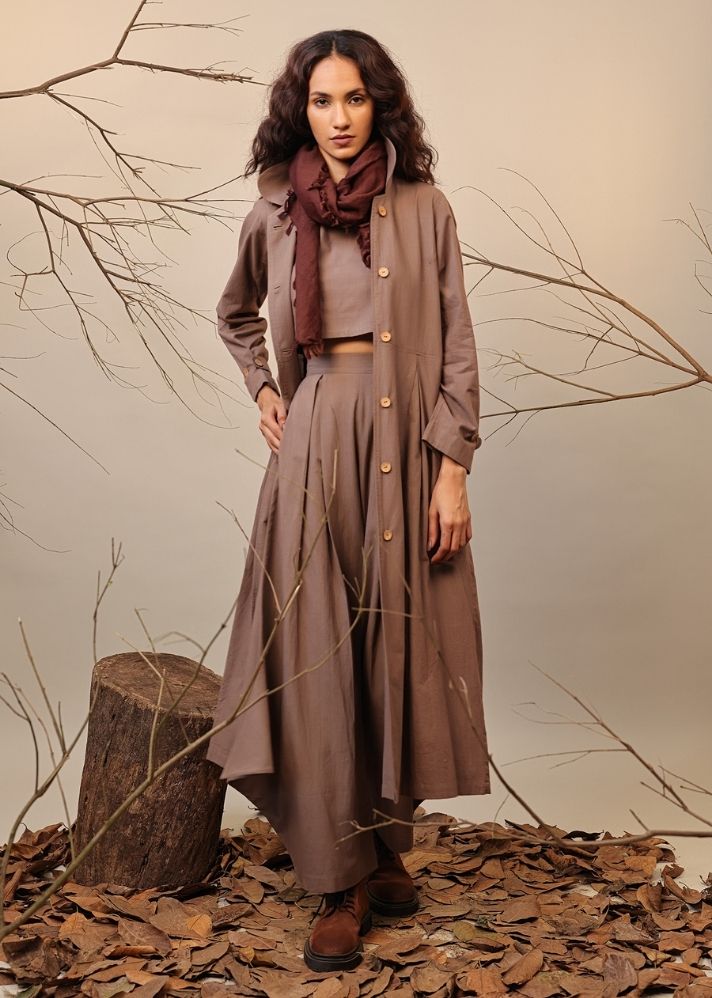 A Model Wearing Beige, Blue, Brown, Green Pure Cotton Roots Cali Trench Jacket, curated by Only Ethikal