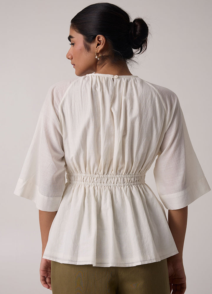 A Model Wearing White Handwoven Cotton Sergio Off White Cotton Top , curated by Only Ethikal