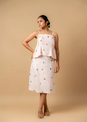A Model Wearing Pink Linen Starglade Printed Skirt, curated by Only Ethikal
