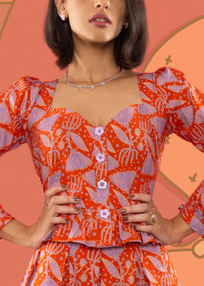 A Model Wearing Red Cotton Wanda Blouse, curated by Only Ethikal