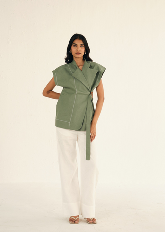 A Model Wearing Green Linen Green Linen Cap Sleeves Jacket & Pant Co-Ord Set, curated by Only Ethikal
