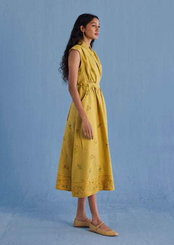 Mema Shawl Collar Printed Linen Dress - Ochre