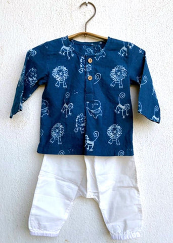 Unisex Organic Zoo Print Indigo Kurta & White Pants