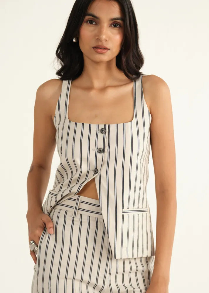 A Model Wearing Beige Linen Beige Linen Striped Waistcoat, curated by Only Ethikal